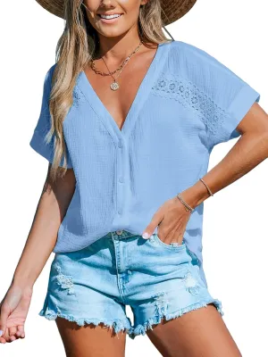 CUPSHE Women Summe Tops V Neck Blouses Short Sleeves Lace Shirt Button Front Tee Work Vacation Outfits