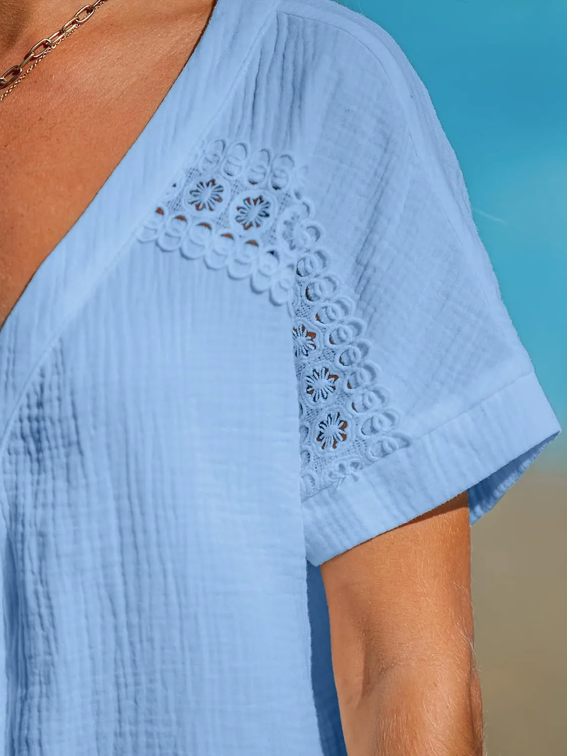 CUPSHE Women Summe Tops V Neck Blouses Short Sleeves Lace Shirt Button Front Tee Work Vacation Outfits