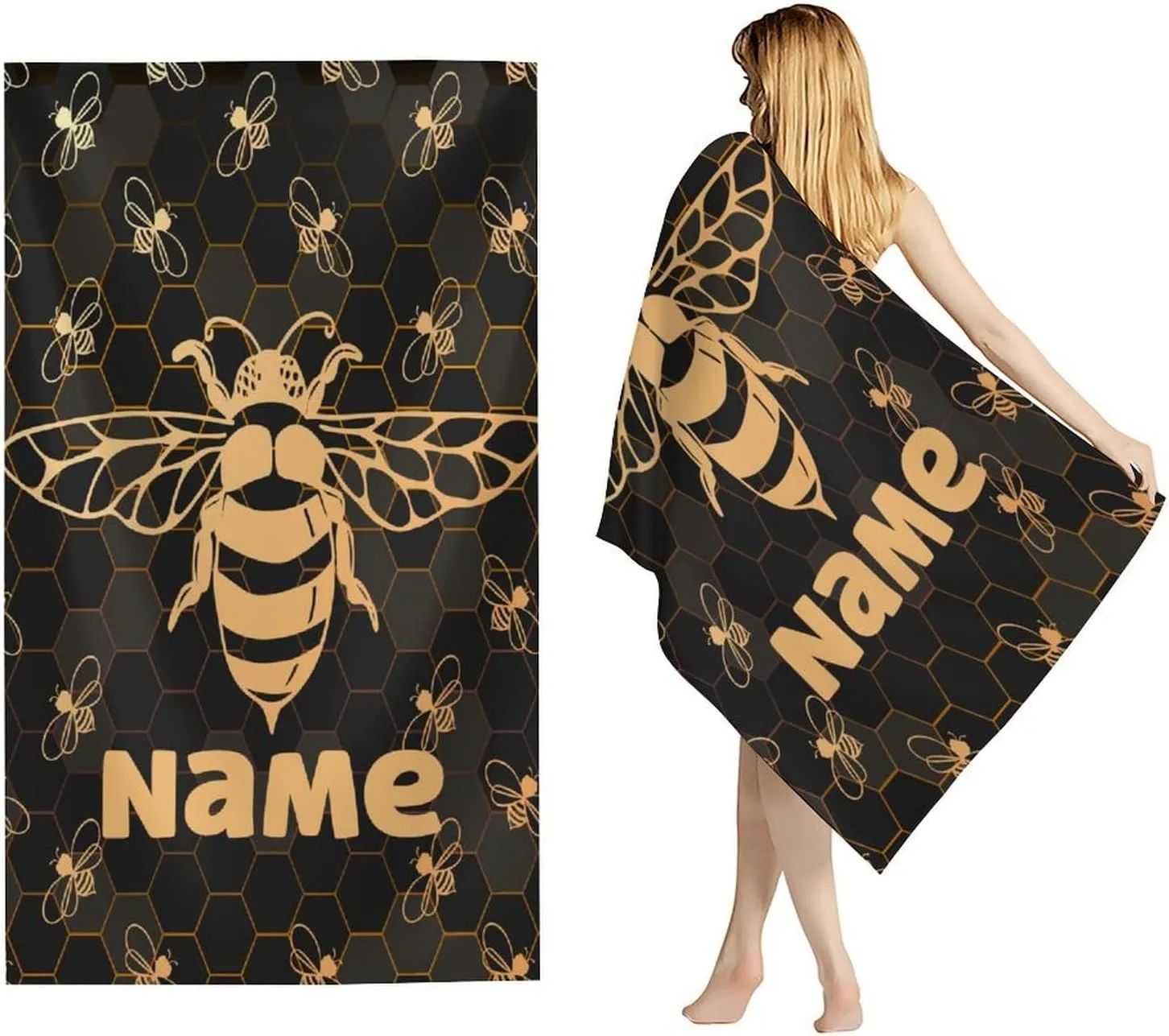 Custom Beach Towel for Gifts, 40" x 70" Personalized Bee Towels for Picnic Camping Pool, Vacation Accessories, Sandproof Absorbent Quick Dry Microfiber