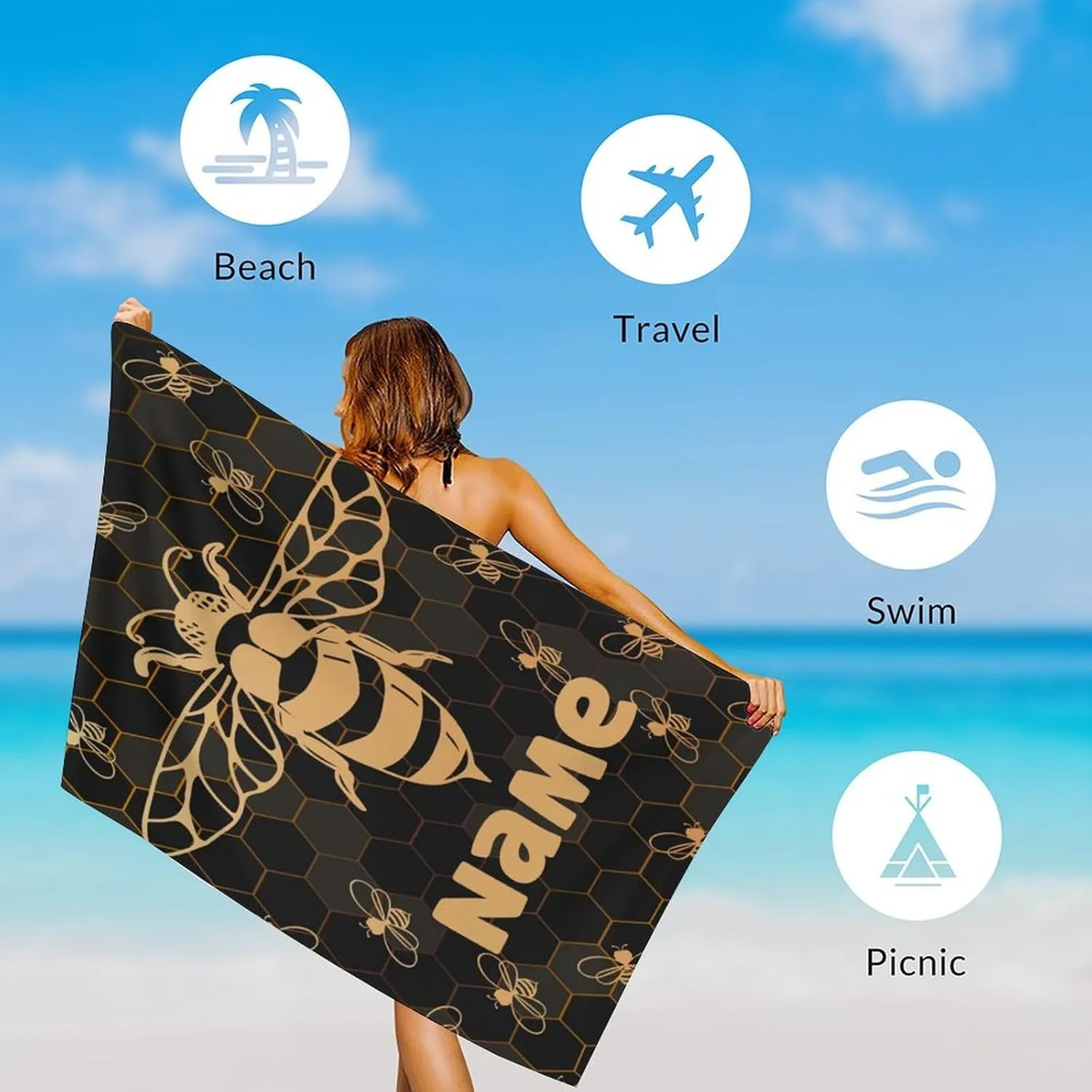 Custom Beach Towel for Gifts, 40" x 70" Personalized Bee Towels for Picnic Camping Pool, Vacation Accessories, Sandproof Absorbent Quick Dry Microfiber