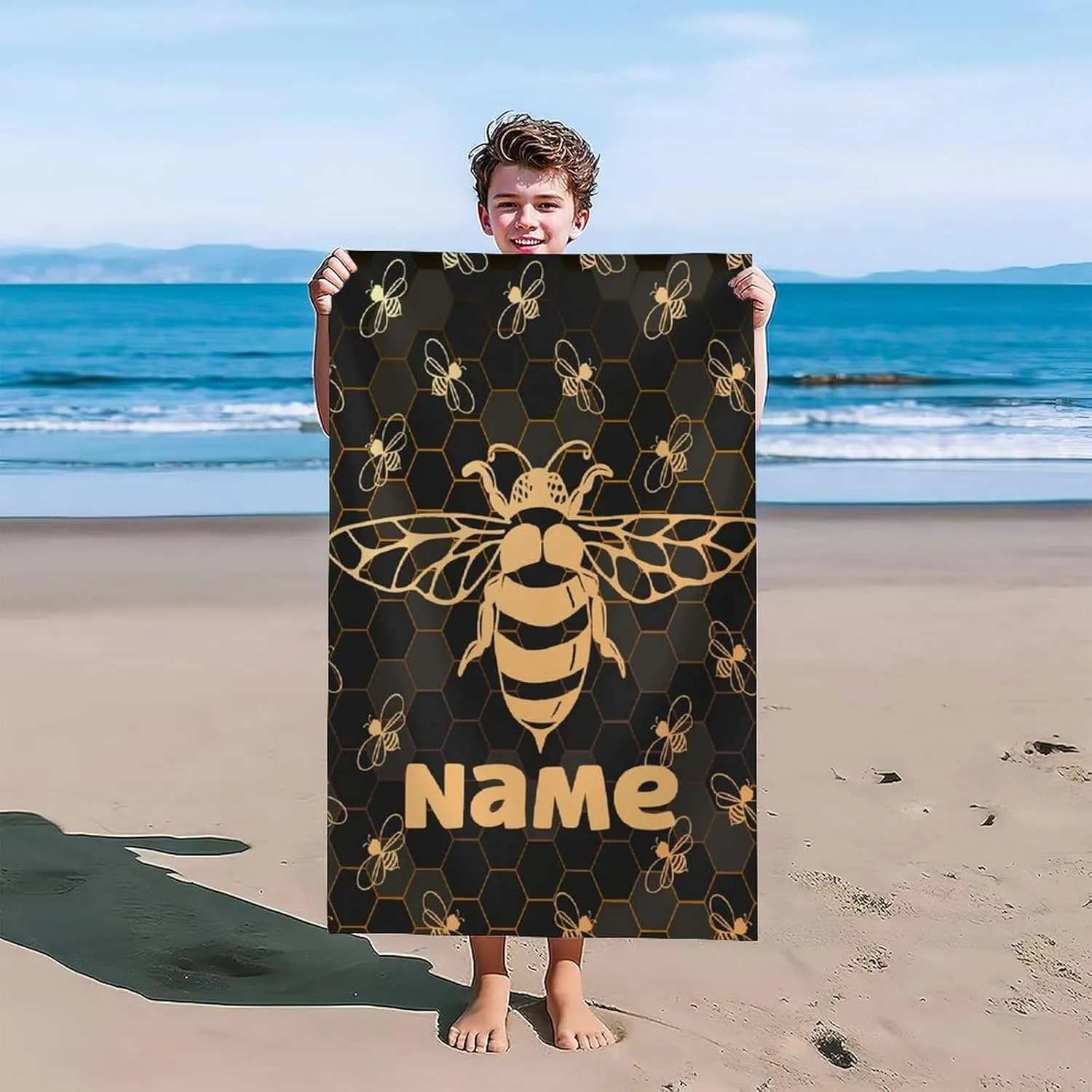 Custom Beach Towel for Gifts, 40" x 70" Personalized Bee Towels for Picnic Camping Pool, Vacation Accessories, Sandproof Absorbent Quick Dry Microfiber