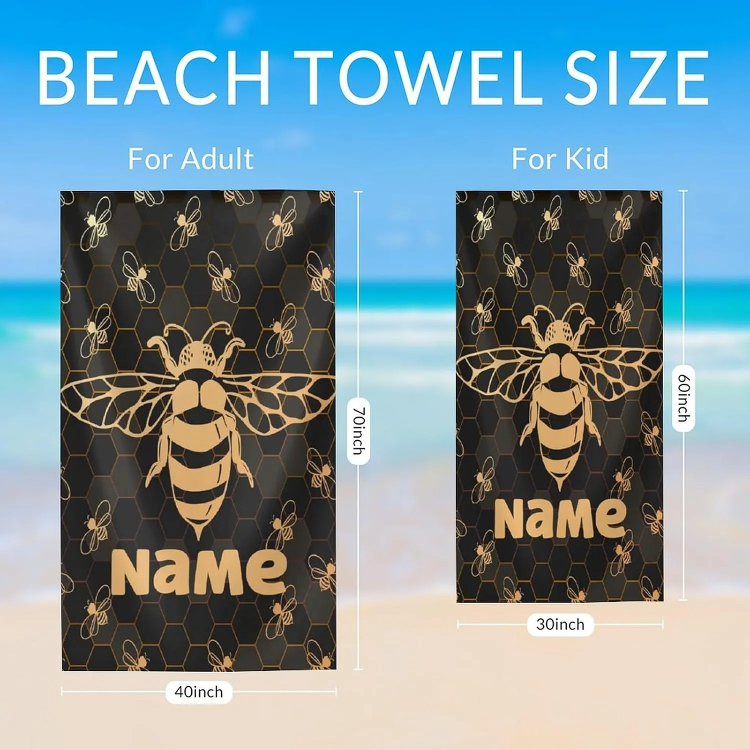 Custom Beach Towel for Gifts, 40" x 70" Personalized Bee Towels for Picnic Camping Pool, Vacation Accessories, Sandproof Absorbent Quick Dry Microfiber