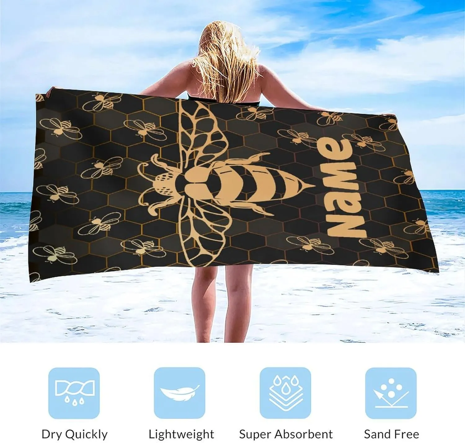 Custom Beach Towel for Gifts, 40" x 70" Personalized Bee Towels for Picnic Camping Pool, Vacation Accessories, Sandproof Absorbent Quick Dry Microfiber