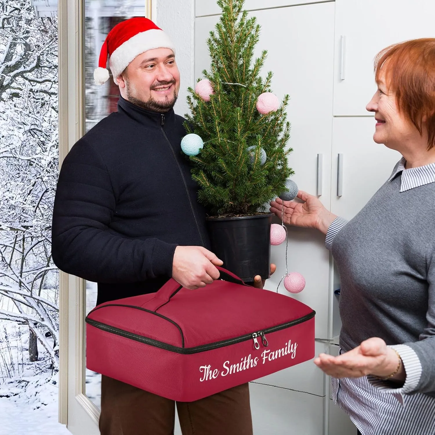 Custom Casserole Dish Carrier Bag Burgundy Solid Color Personalized Insulated Casserole Carrier Portable Leakproof Food Carrier for Travel, Potluck Parties, Beach