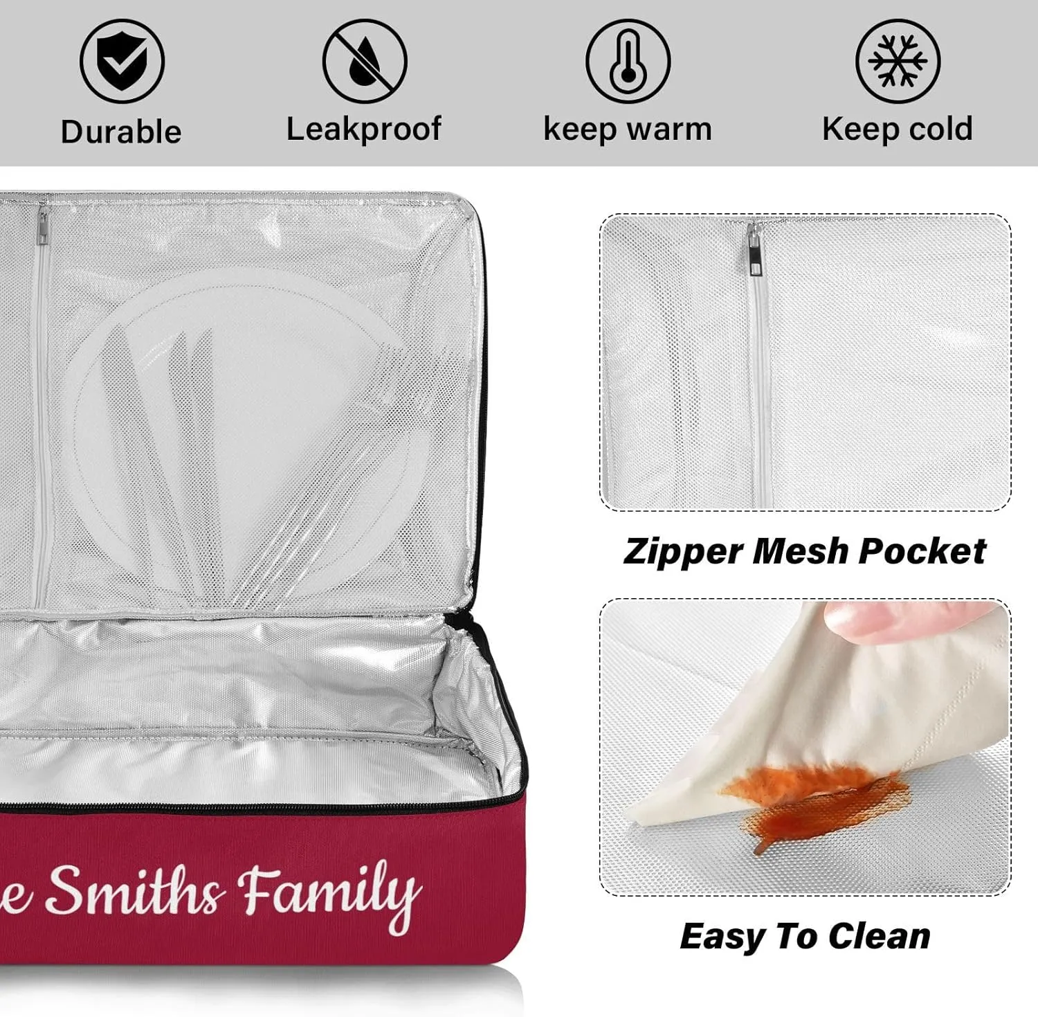 Custom Casserole Dish Carrier Bag Burgundy Solid Color Personalized Insulated Casserole Carrier Portable Leakproof Food Carrier for Travel, Potluck Parties, Beach