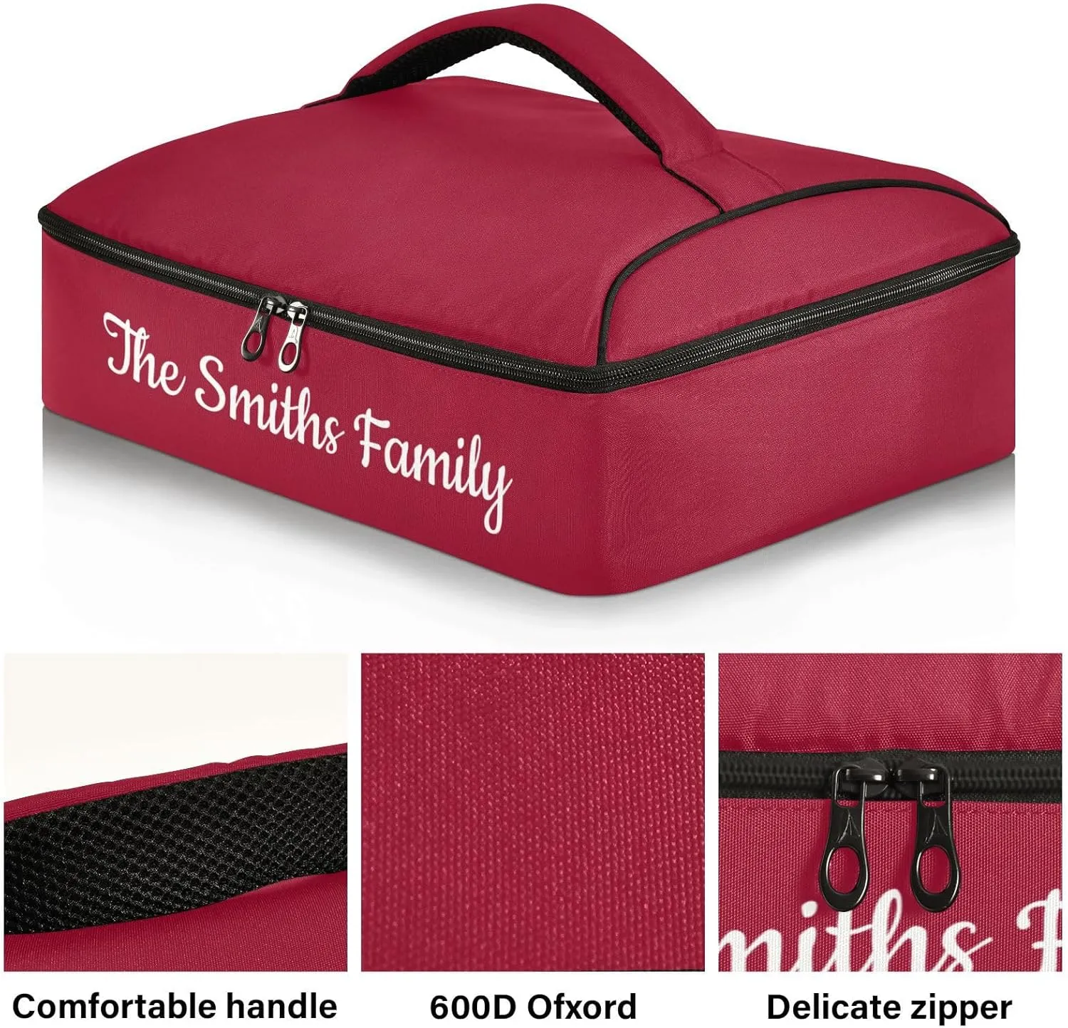 Custom Casserole Dish Carrier Bag Burgundy Solid Color Personalized Insulated Casserole Carrier Portable Leakproof Food Carrier for Travel, Potluck Parties, Beach