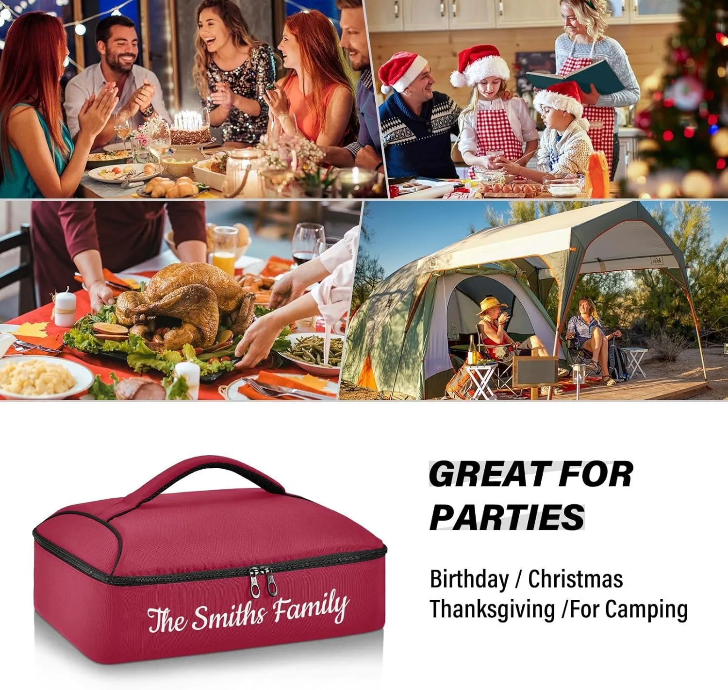 Custom Casserole Dish Carrier Bag Burgundy Solid Color Personalized Insulated Casserole Carrier Portable Leakproof Food Carrier for Travel, Potluck Parties, Beach