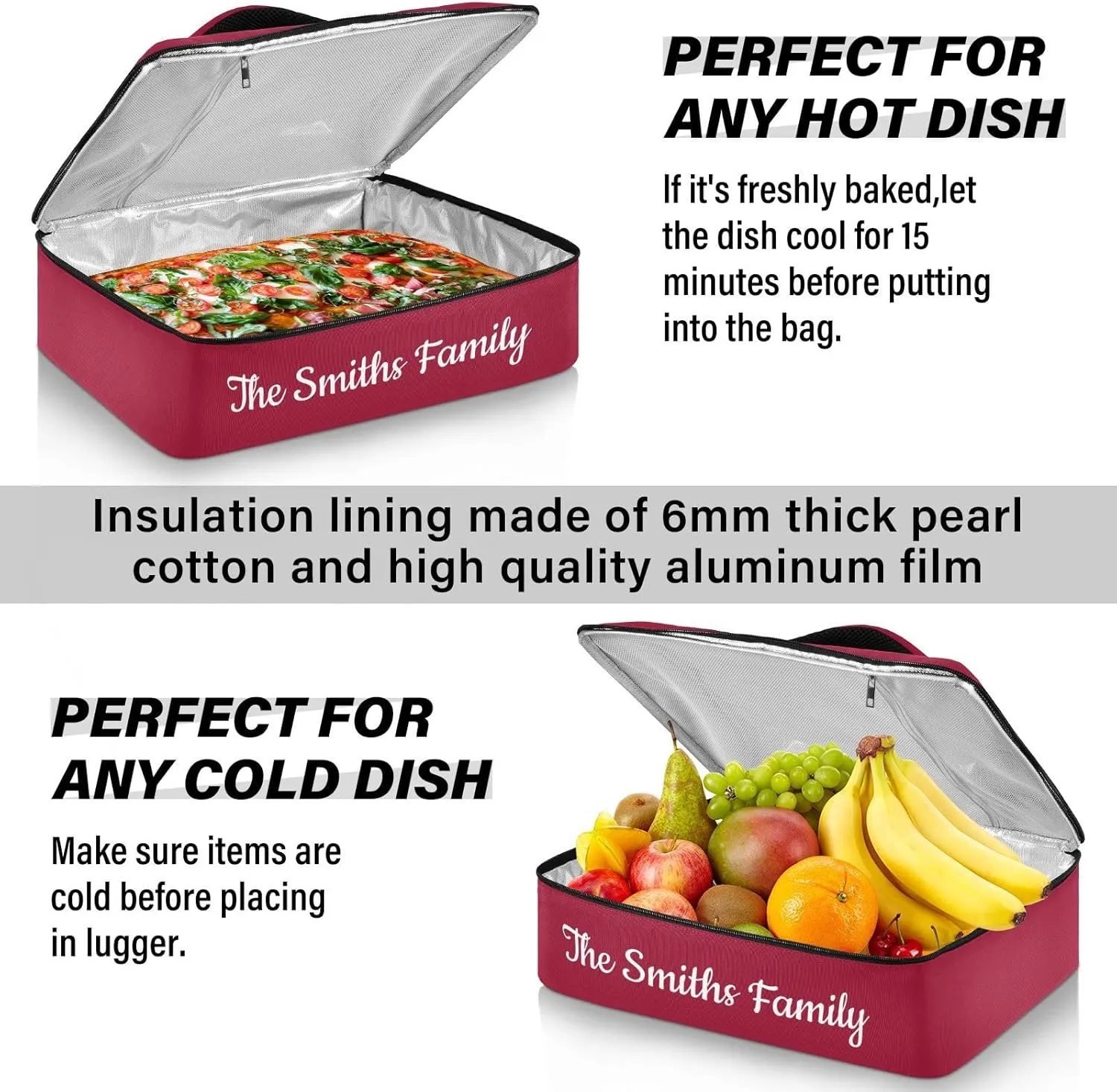 Custom Casserole Dish Carrier Bag Burgundy Solid Color Personalized Insulated Casserole Carrier Portable Leakproof Food Carrier for Travel, Potluck Parties, Beach