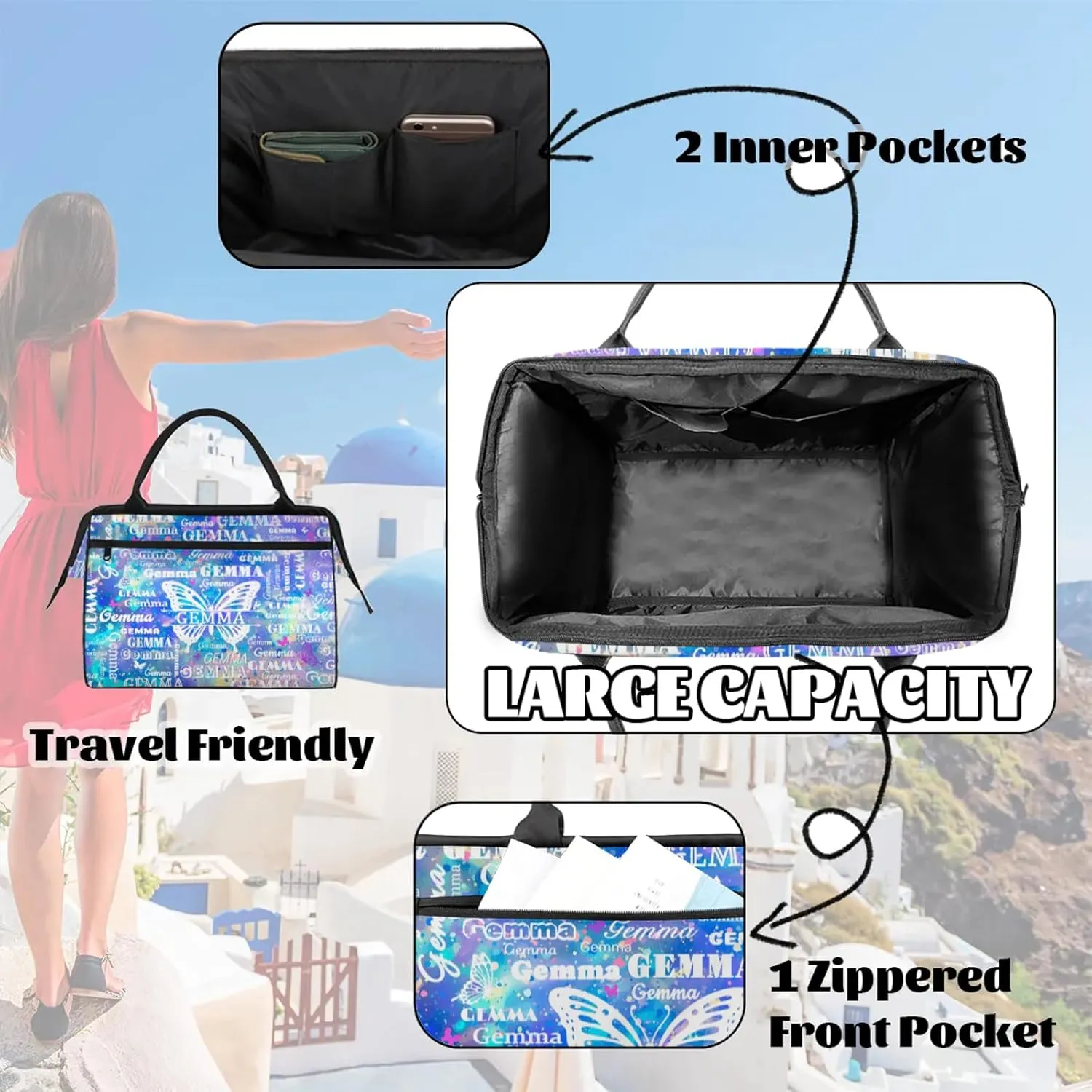 Custom Sport Duffel Bag with Name Butterfly Travel Overnight Bag for Women Men Waterproof Dance Ballet Bag Lightweight 15.2in, Blue