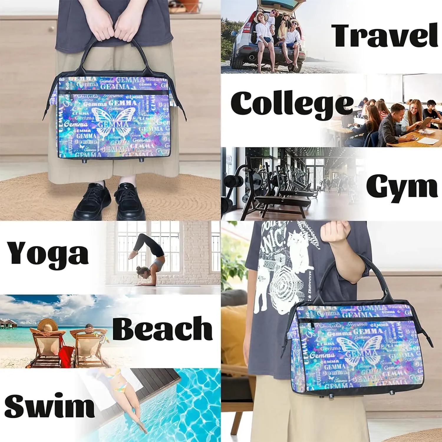 Custom Sport Duffel Bag with Name Butterfly Travel Overnight Bag for Women Men Waterproof Dance Ballet Bag Lightweight 15.2in, Blue