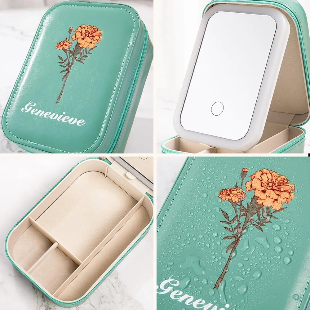 Customized Birthday Flower LED Makeup Box with Mirror, Travel Portable Rechargeable Makeup Storage Box with LED Light, Waterproof Makeup Mirror Jewelry Box with Zipper, Multi-Compartment Storage