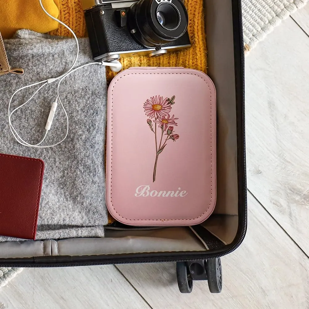 Customized Birthday Flower LED Makeup Box with Mirror, Travel Portable Rechargeable Makeup Storage Box with LED Light, Waterproof Makeup Mirror Jewelry Box with Zipper, Multi-Compartment Storage