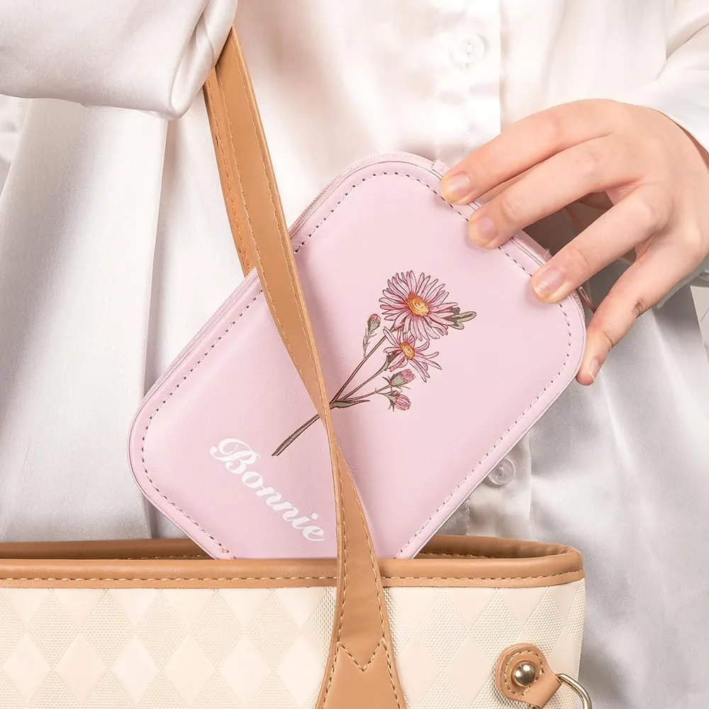 Customized Birthday Flower LED Makeup Box with Mirror, Travel Portable Rechargeable Makeup Storage Box with LED Light, Waterproof Makeup Mirror Jewelry Box with Zipper, Multi-Compartment Storage
