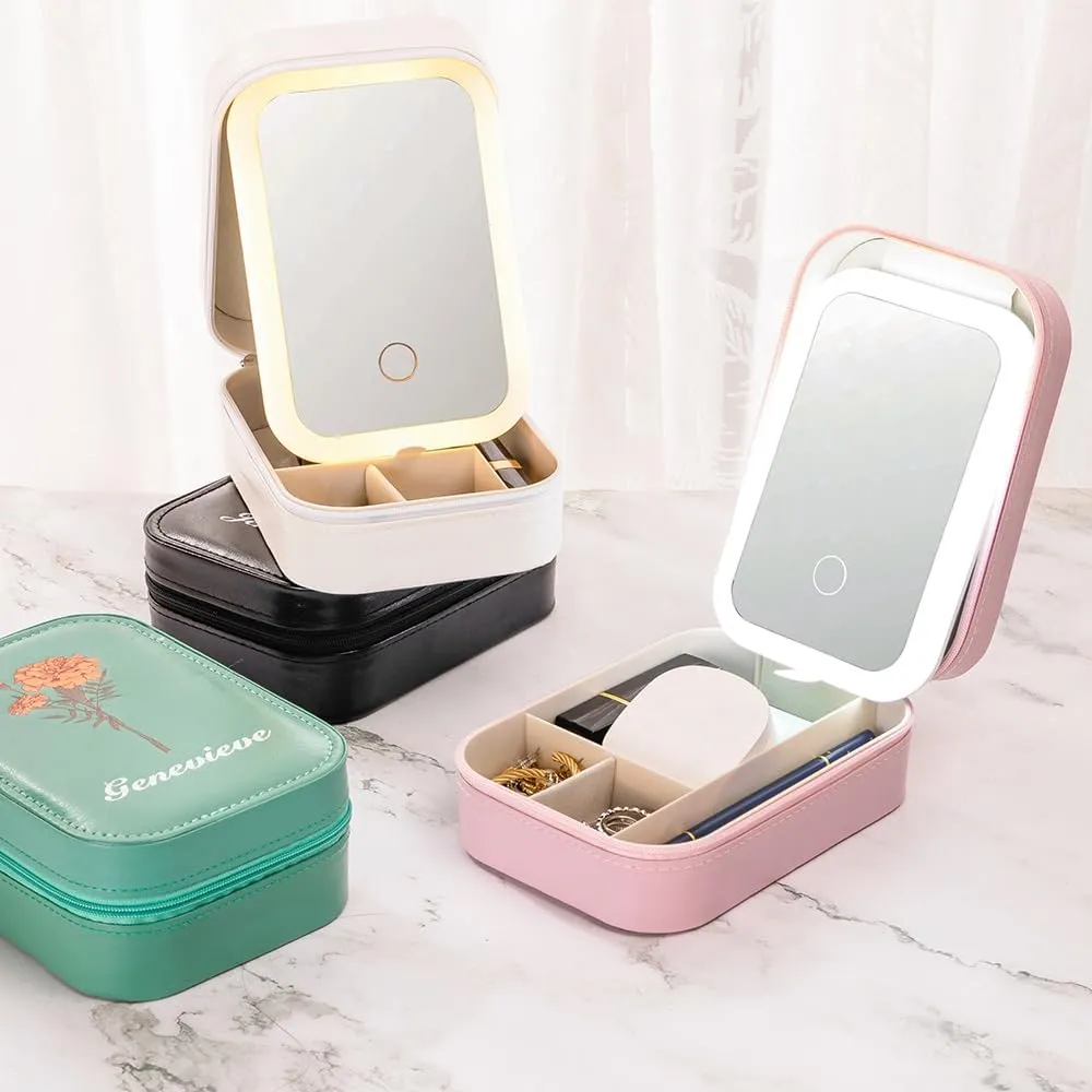 Customized Birthday Flower LED Makeup Box with Mirror, Travel Portable Rechargeable Makeup Storage Box with LED Light, Waterproof Makeup Mirror Jewelry Box with Zipper, Multi-Compartment Storage