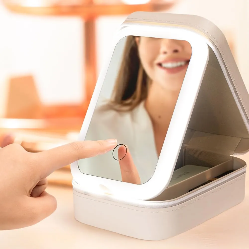 Customized Birthday Flower LED Makeup Box with Mirror, Travel Portable Rechargeable Makeup Storage Box with LED Light, Waterproof Makeup Mirror Jewelry Box with Zipper, Multi-Compartment Storage
