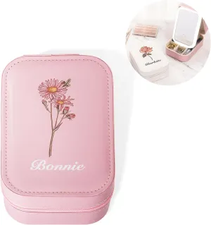 Customized Birthday Flower LED Makeup Box with Mirror, Travel Portable Rechargeable Makeup Storage Box with LED Light, Waterproof Makeup Mirror Jewelry Box with Zipper, Multi-Compartment Storage