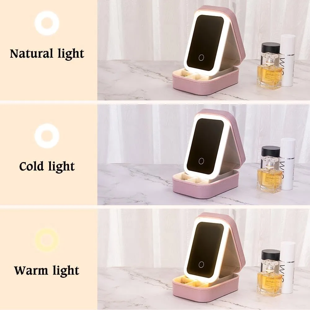 Customized Birthday Flower LED Makeup Box with Mirror, Travel Portable Rechargeable Makeup Storage Box with LED Light, Waterproof Makeup Mirror Jewelry Box with Zipper, Multi-Compartment Storage