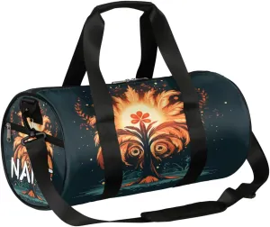 Customized Sports Gym Duffel Bag for Women & Men with Name,Coconut Tree Flame Ethnic Pattern Waterproof Personalized Tote Travel Beach Bag for Weekender Overnight Dance Carry-On Bag
