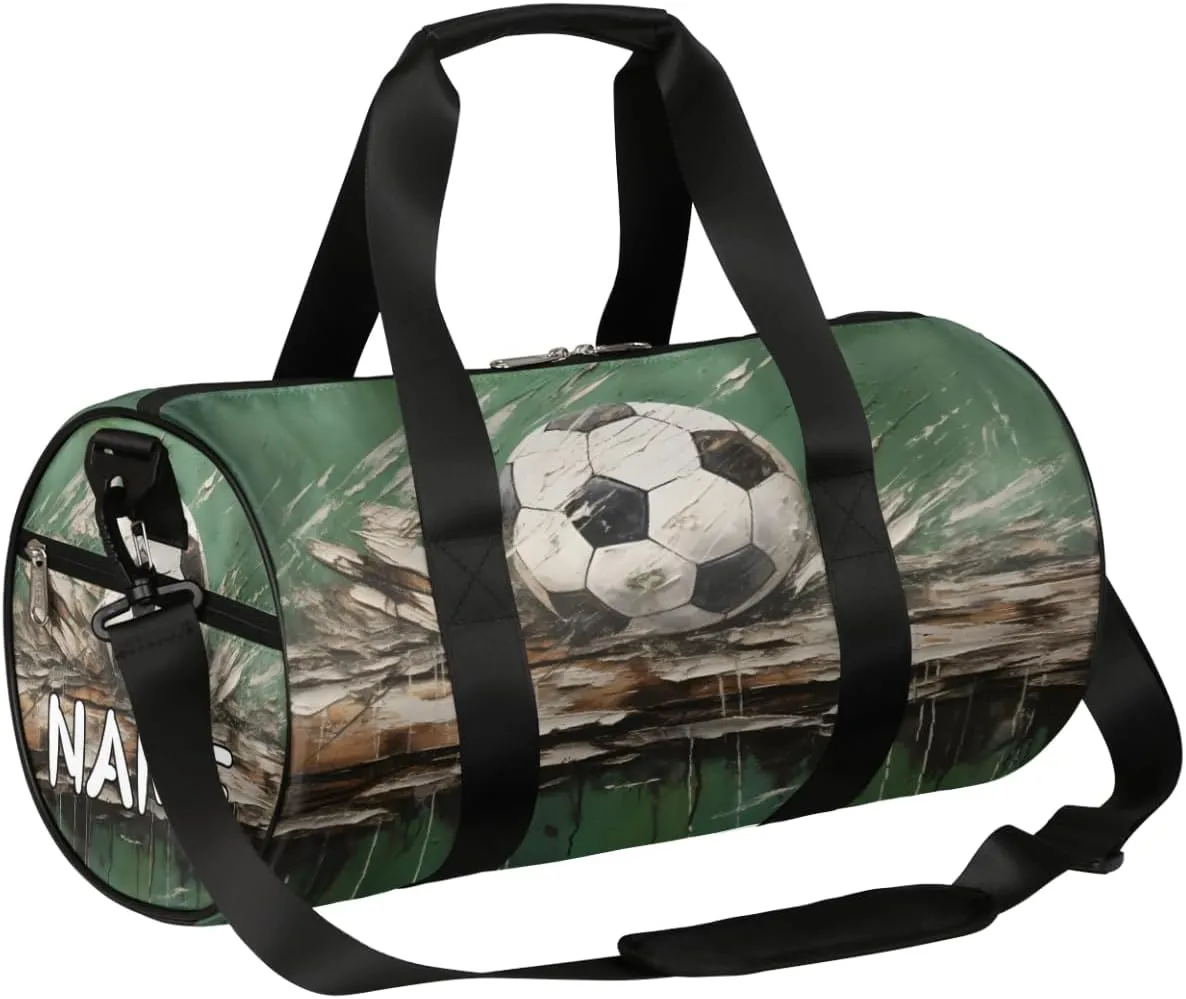 Customized Sports Gym Duffel Bag for Women & Men with Name,Soccer Wood Board Art Waterproof Personalized Tote Travel Beach Bag for Weekender Overnight Dance Carry-On Bag