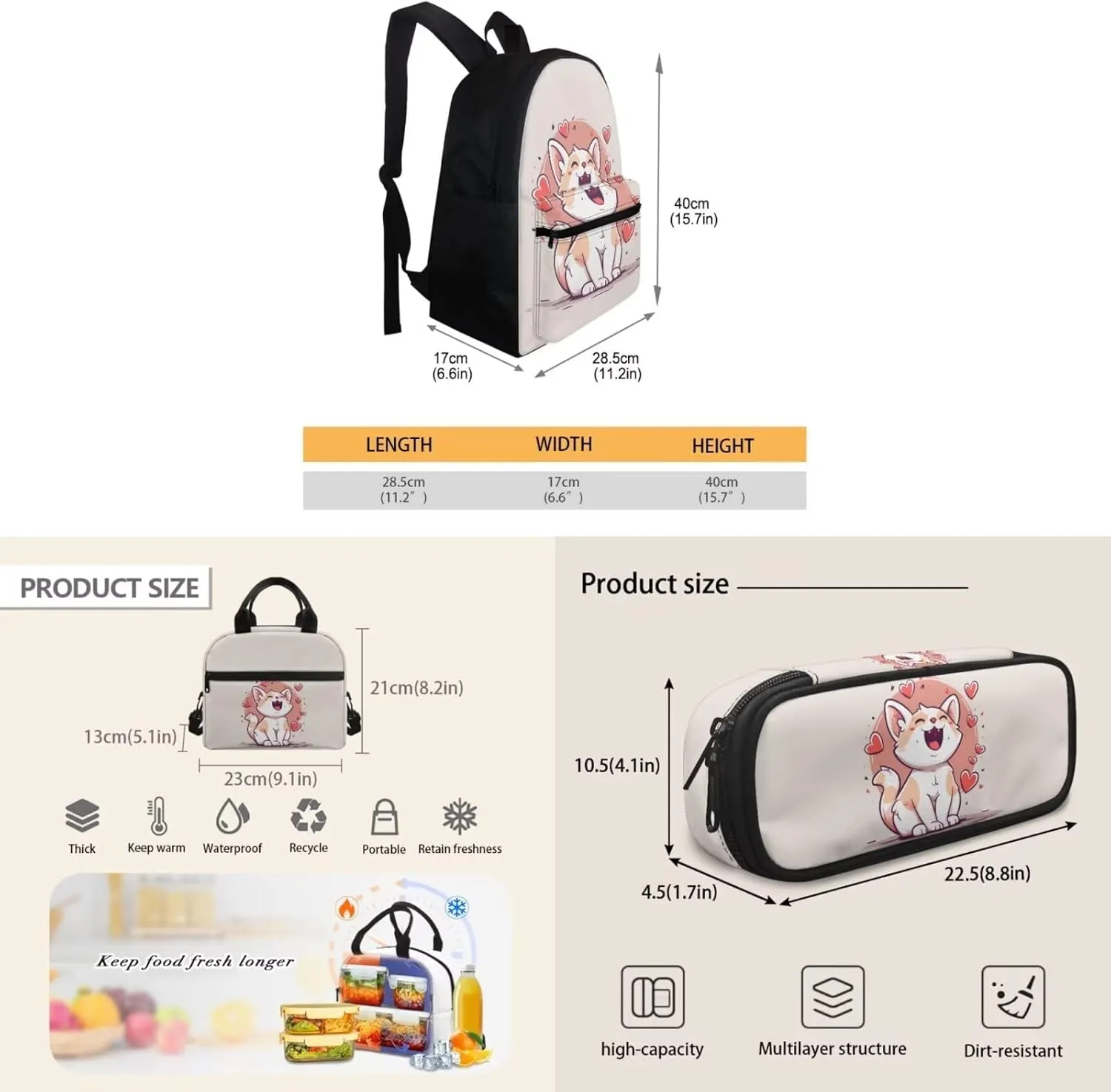 Cute Cat Backpack Set for Boys 5-10 Multi-functional School Bag with Thermal Waterproof Lunch Bag Small Pencil Case Fit Elementary School High School
