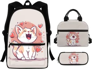Cute Cat Backpack Set for Boys 5-10 Multi-functional School Bag with Thermal Waterproof Lunch Bag Small Pencil Case Fit Elementary School High School