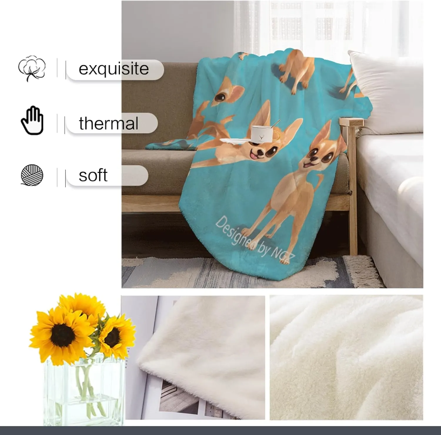 Cute Chihuahua Blue Blanket, Chihuahua Blue Throw Blanket for Women Men, Lightweight Cozy Plush Flannel Fleece Blanket for Bed Couch Sofa Decor and Travel 50x60 Inch