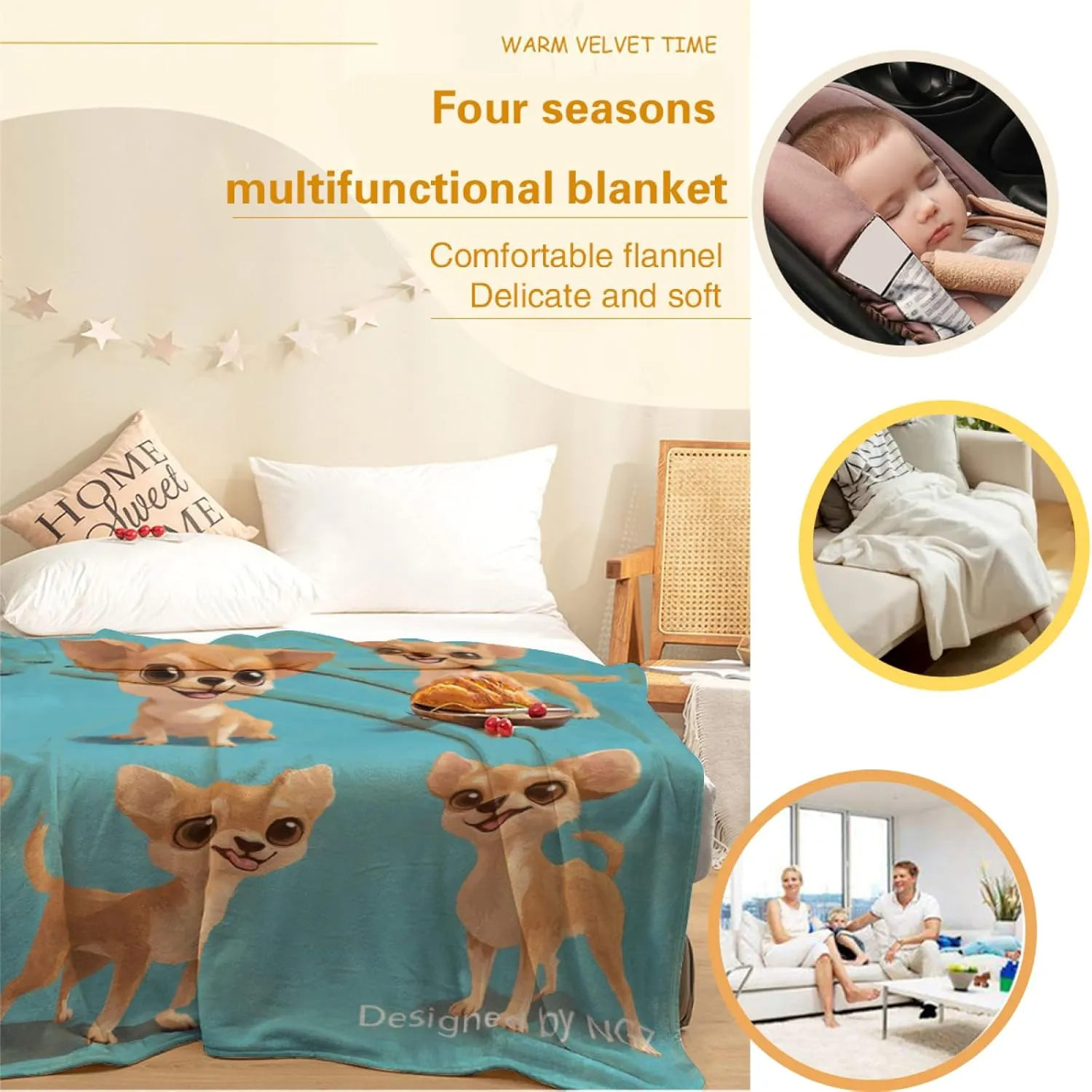 Cute Chihuahua Blue Blanket, Chihuahua Blue Throw Blanket for Women Men, Lightweight Cozy Plush Flannel Fleece Blanket for Bed Couch Sofa Decor and Travel 50x60 Inch