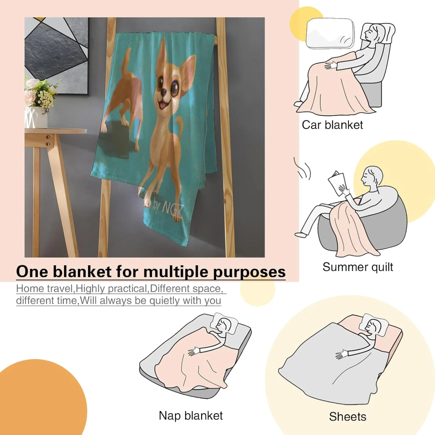Cute Chihuahua Blue Blanket, Chihuahua Blue Throw Blanket for Women Men, Lightweight Cozy Plush Flannel Fleece Blanket for Bed Couch Sofa Decor and Travel 50x60 Inch
