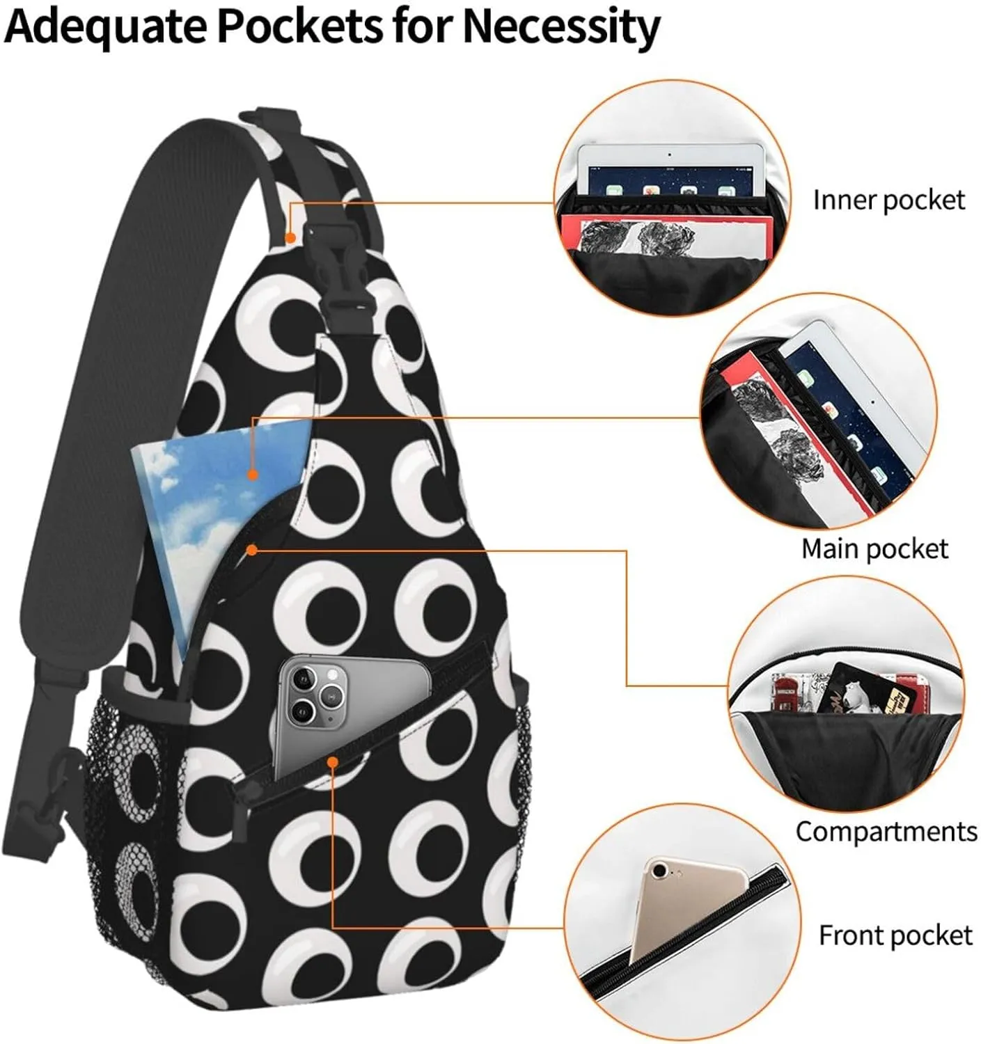 Cute Funny Cartoon Sketch Eyes Crossbody Bag Cross Chest Bag Adjustable Sling Backpack Sports Gym Shoulder Bags Travel Cycling Daypack Diagonally Casual Rucksack