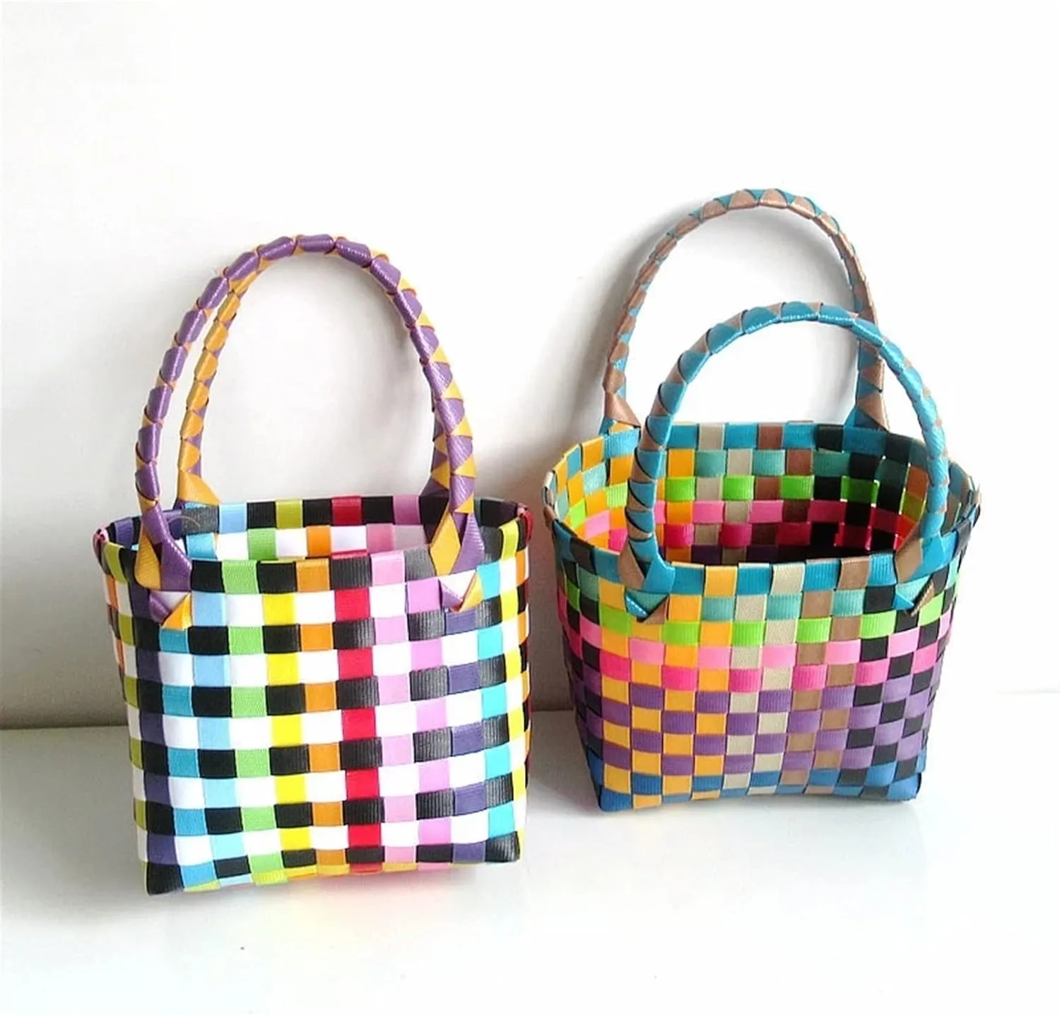 Cute Hand-Woven Basket Colorful Small Square Bag Plastic Fruit Vegetable Basket Bag Summer Beach Picnic Basket Storage Organizer (Color : 03)