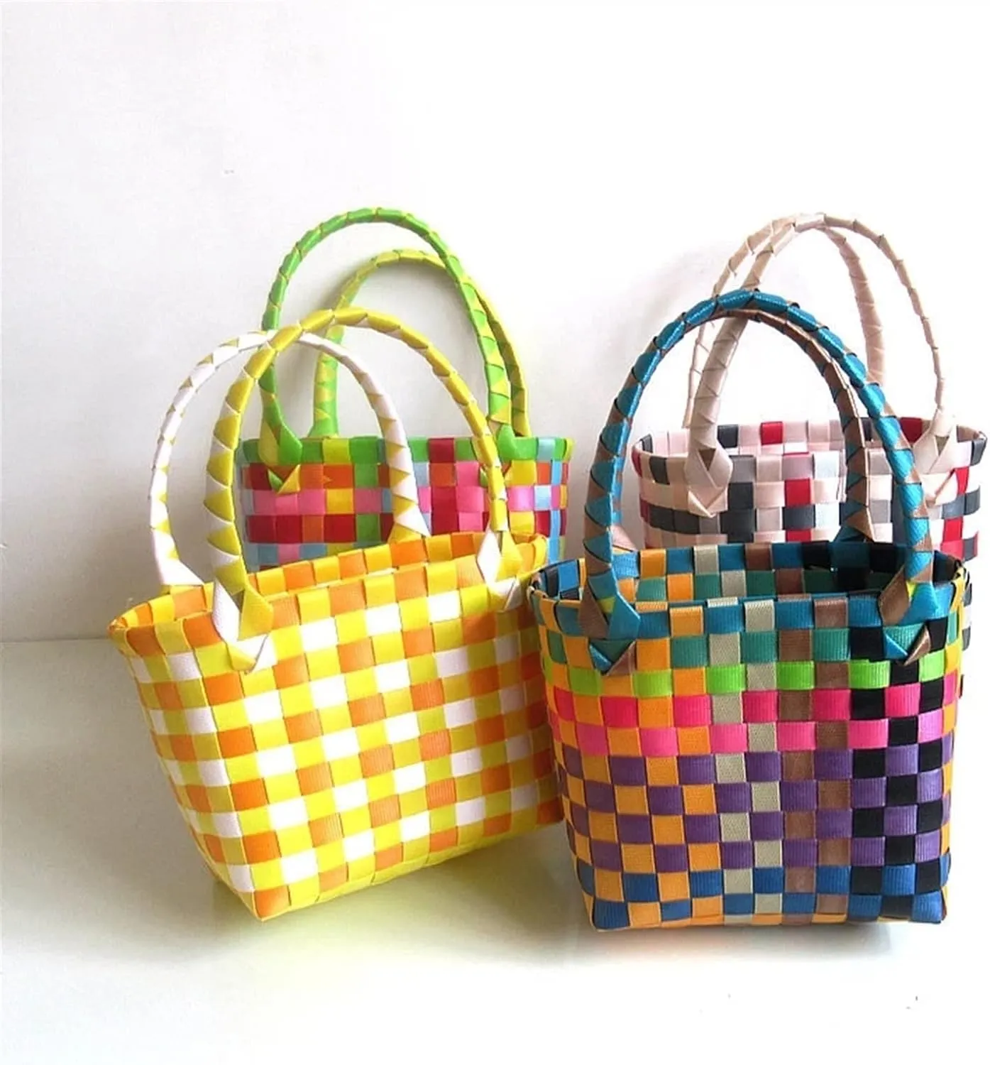 Cute Hand-Woven Basket Colorful Small Square Bag Plastic Fruit Vegetable Basket Bag Summer Beach Picnic Basket Storage Organizer (Color : 03)