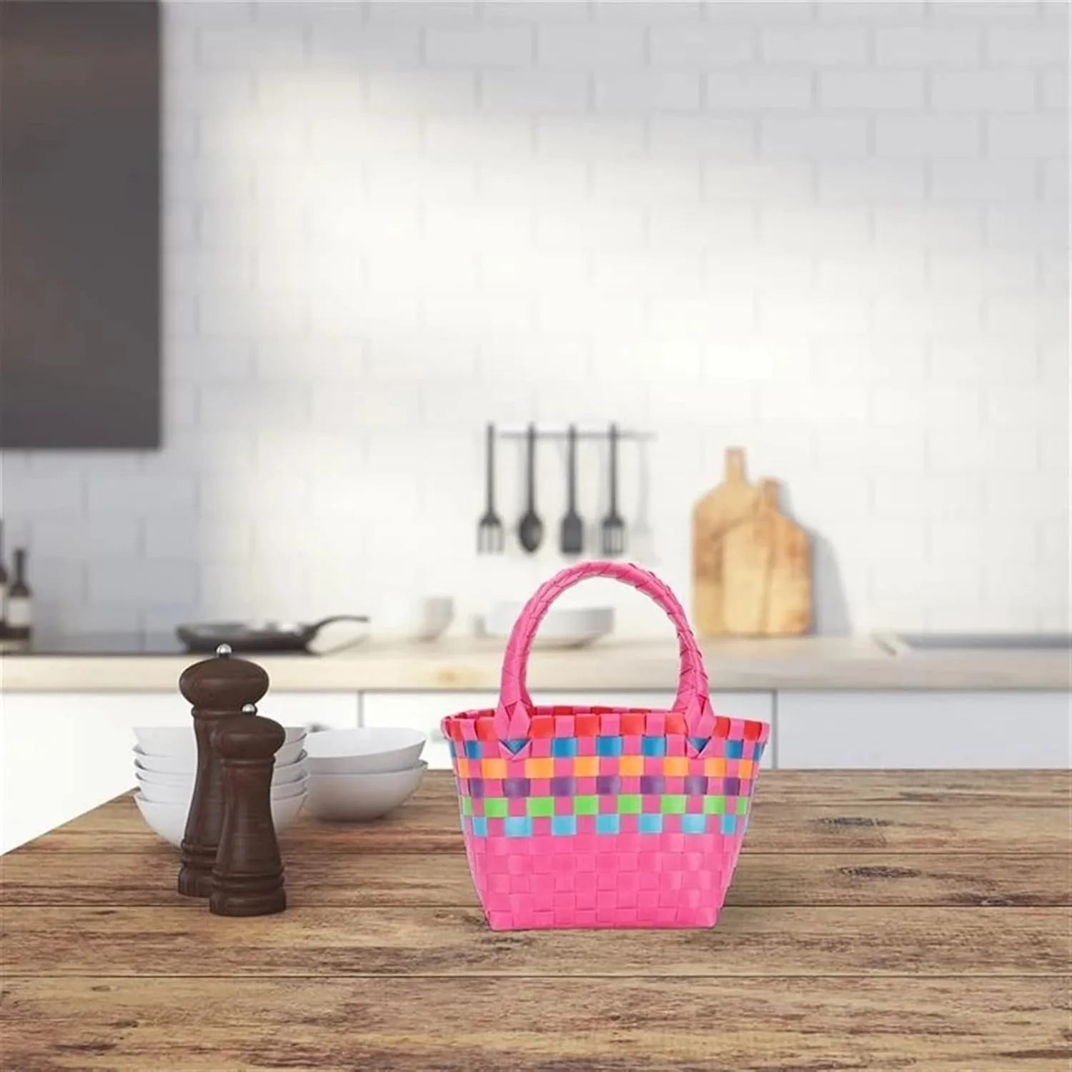 Cute Hand-Woven Basket Colorful Small Square Bag Plastic Fruit Vegetable Basket Bag Summer Beach Picnic Basket Storage Organizer (Color : 03)