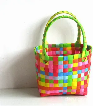 Cute Hand-Woven Basket Colorful Small Square Bag Plastic Fruit Vegetable Basket Bag Summer Beach Picnic Basket Storage Organizer (Color : 03)