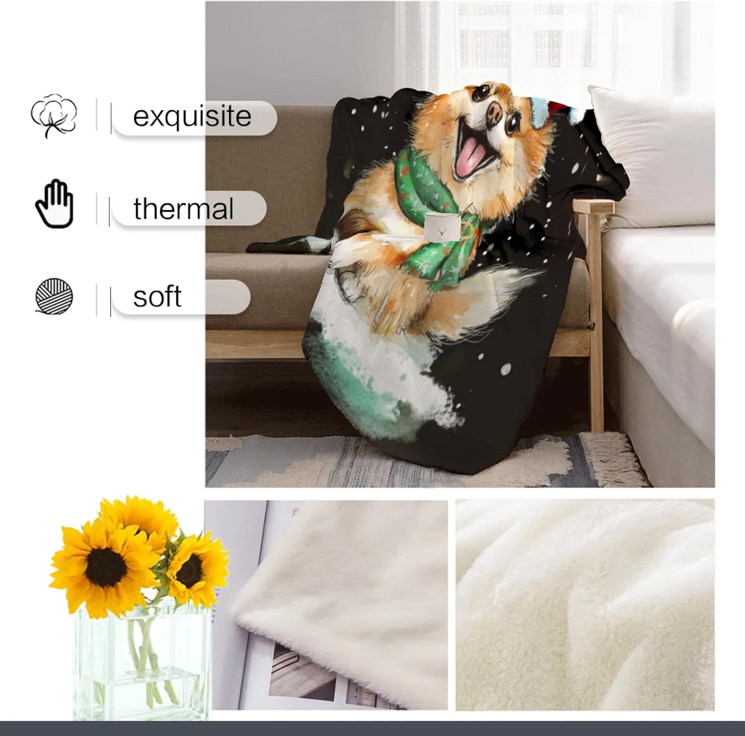 Cute Pomeranian Winter Throw Blanket for Couch, Red Hat, Let It Snow, Black Blanket, Cozy Plush Flannel Blanket for Bed Sofa Room Christmas Decor, Girlfriends Teens 50x60 Inch