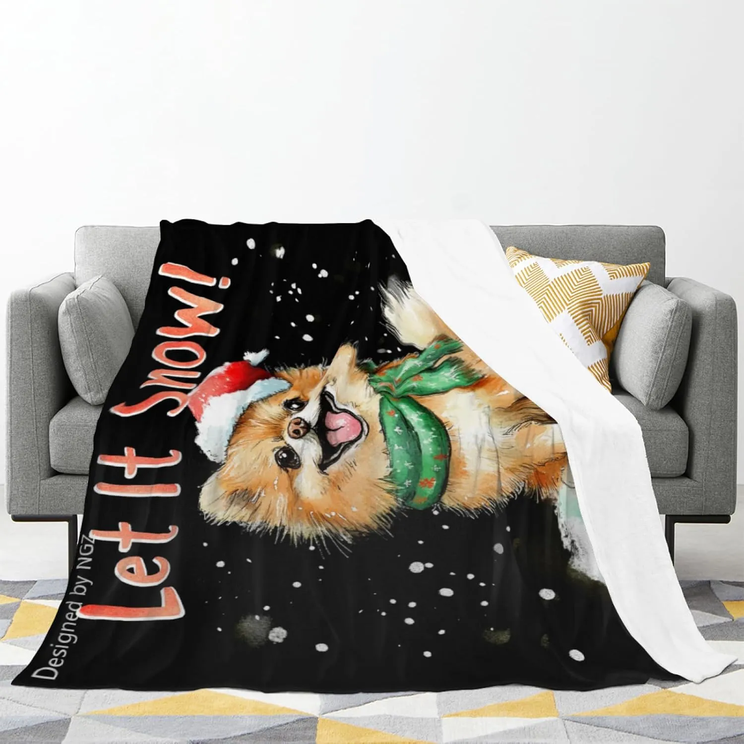 Cute Pomeranian Winter Throw Blanket for Couch, Red Hat, Let It Snow, Black Blanket, Cozy Plush Flannel Blanket for Bed Sofa Room Christmas Decor, Girlfriends Teens 50x60 Inch