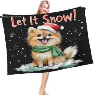 Cute Pomeranian Winter Throw Blanket for Couch, Red Hat, Let It Snow, Black Blanket, Cozy Plush Flannel Blanket for Bed Sofa Room Christmas Decor, Girlfriends Teens 50x60 Inch