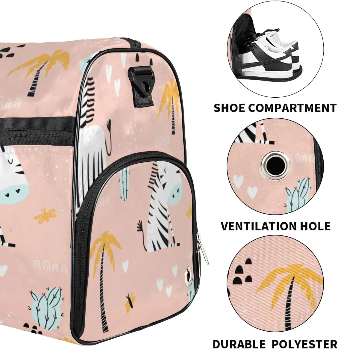 Cute Zebra Sports Gym Bag for Women Men Travel Duffel Bag with Wet Pocket & Shoes Compartment Waterproof Weekender Overnight Tote Carry on Bag Lightweight
