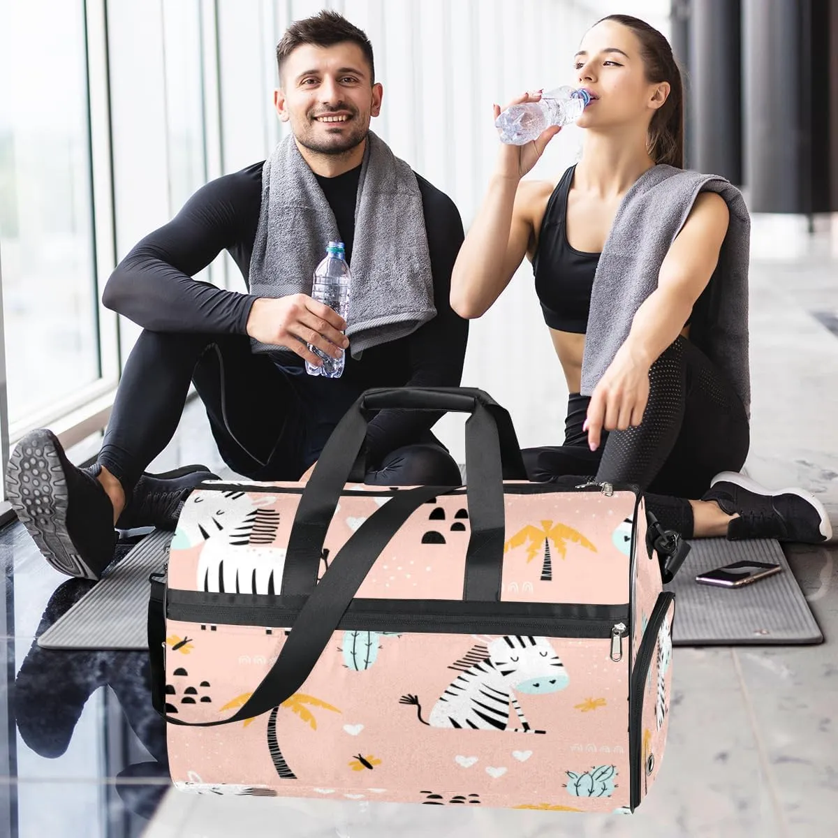 Cute Zebra Sports Gym Bag for Women Men Travel Duffel Bag with Wet Pocket & Shoes Compartment Waterproof Weekender Overnight Tote Carry on Bag Lightweight