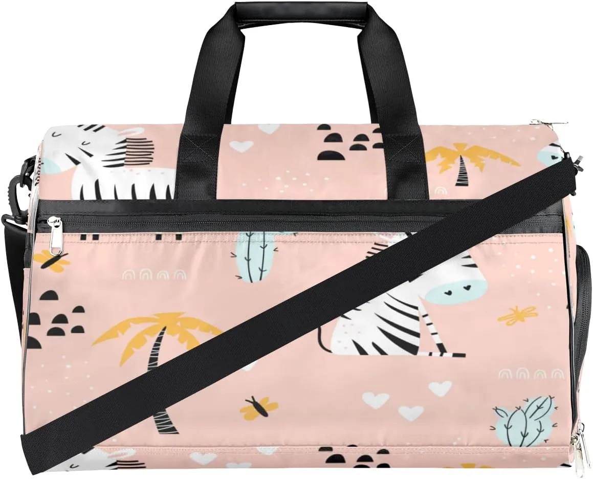 Cute Zebra Sports Gym Bag for Women Men Travel Duffel Bag with Wet Pocket & Shoes Compartment Waterproof Weekender Overnight Tote Carry on Bag Lightweight