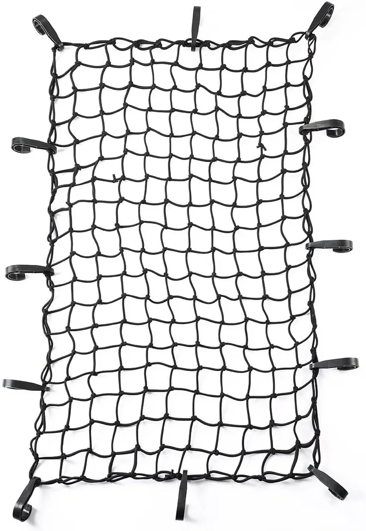 CZC AUTO 22"x38" Black Latex Bungee Cargo Net Strech to 44"x76", Luggage Netting with 2"X2" Small Mesh and 12 Adjustable Plastic Hooks, for Rooftop Cargo Carrier Roof Rail Rack Hitch Basket SUV