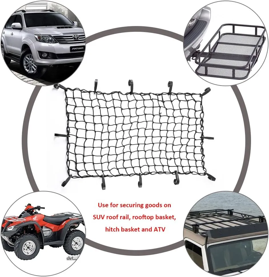 CZC AUTO 22"x38" Black Latex Bungee Cargo Net Strech to 44"x76", Luggage Netting with 2"X2" Small Mesh and 12 Adjustable Plastic Hooks, for Rooftop Cargo Carrier Roof Rail Rack Hitch Basket SUV