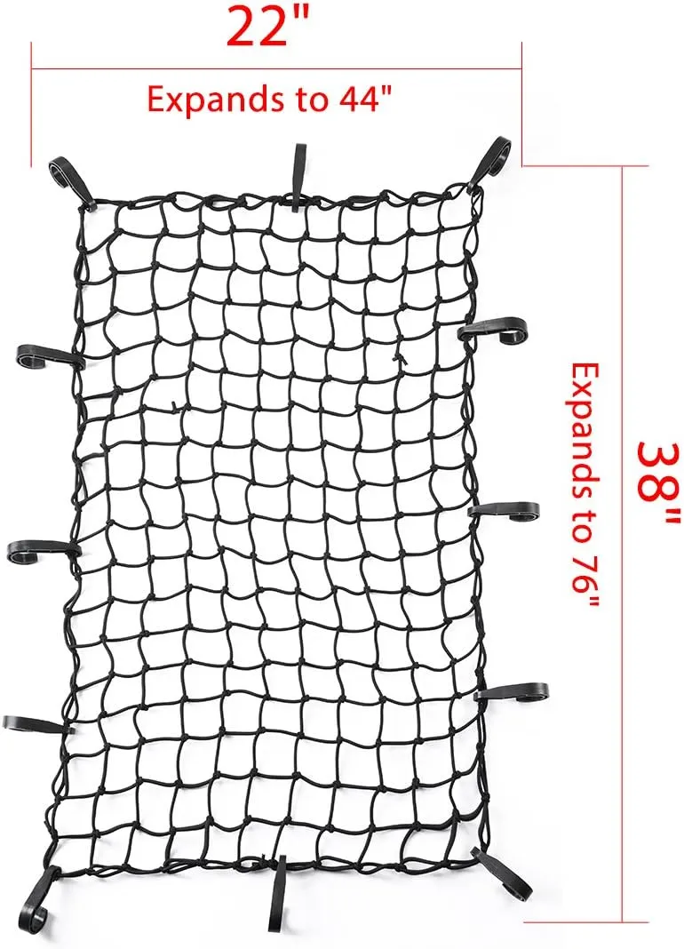 CZC AUTO 22"x38" Black Latex Bungee Cargo Net Strech to 44"x76", Luggage Netting with 2"X2" Small Mesh and 12 Adjustable Plastic Hooks, for Rooftop Cargo Carrier Roof Rail Rack Hitch Basket SUV