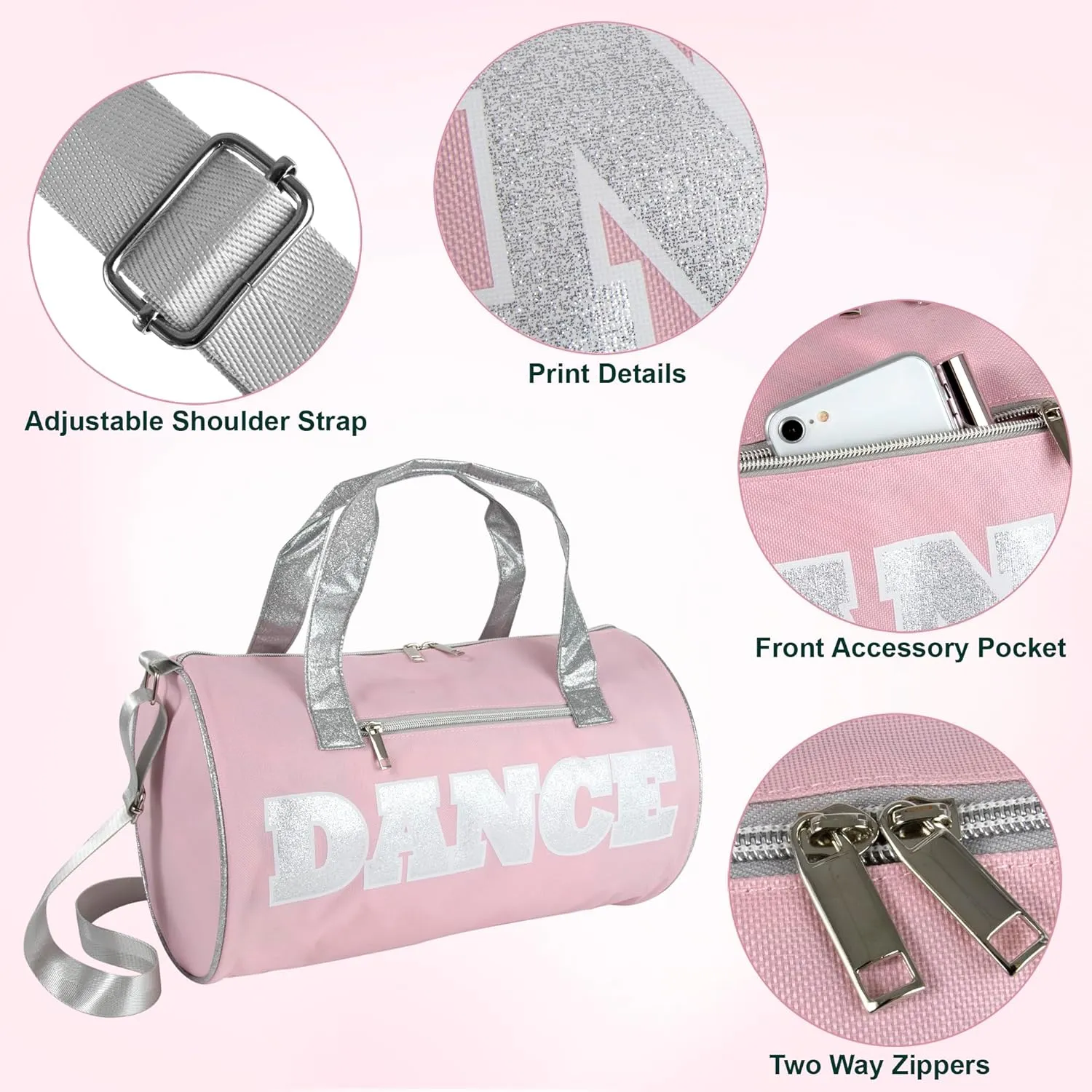 Dance Duffle Bags for Dancers, Girls, Teens, and Student Athletes, Fun Dance Workout Duffel Bag for Girls and Boys (Pink/Silver)