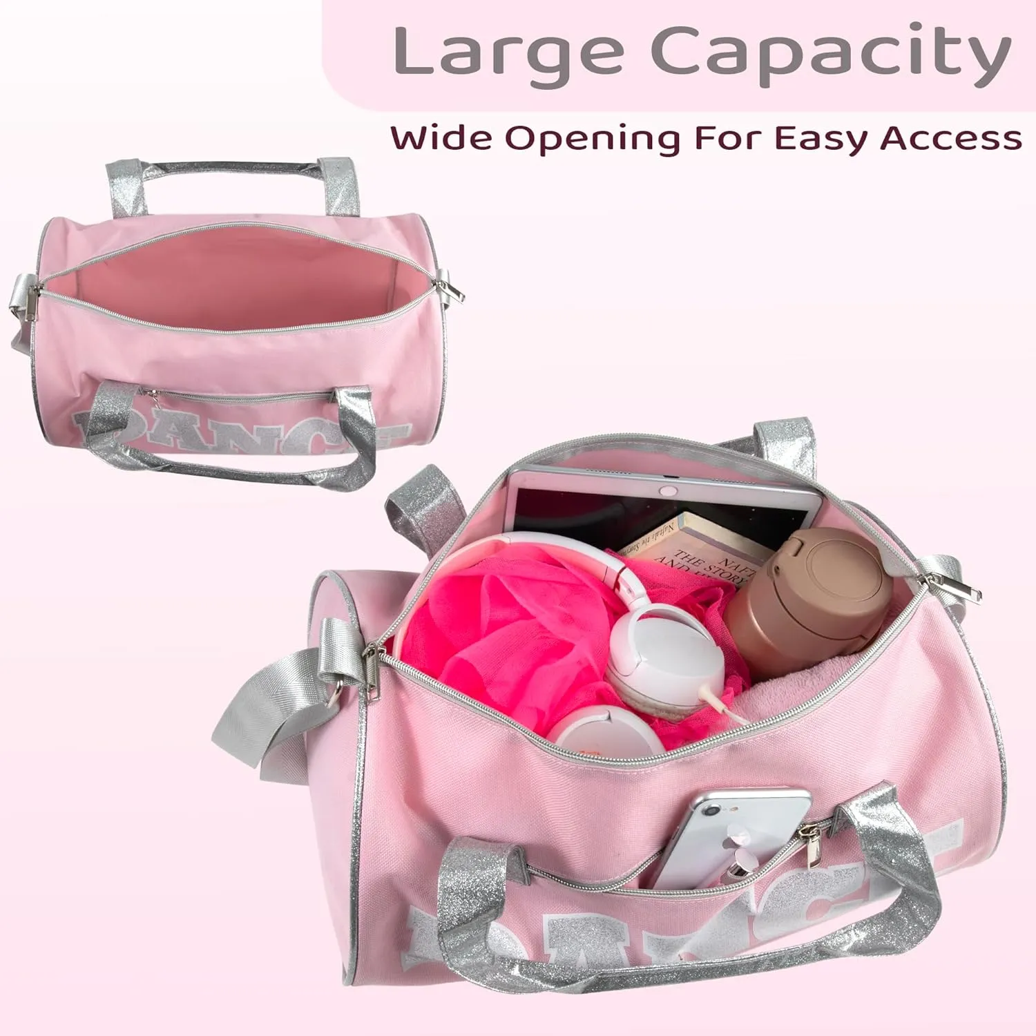 Dance Duffle Bags for Dancers, Girls, Teens, and Student Athletes, Fun Dance Workout Duffel Bag for Girls and Boys (Pink/Silver)