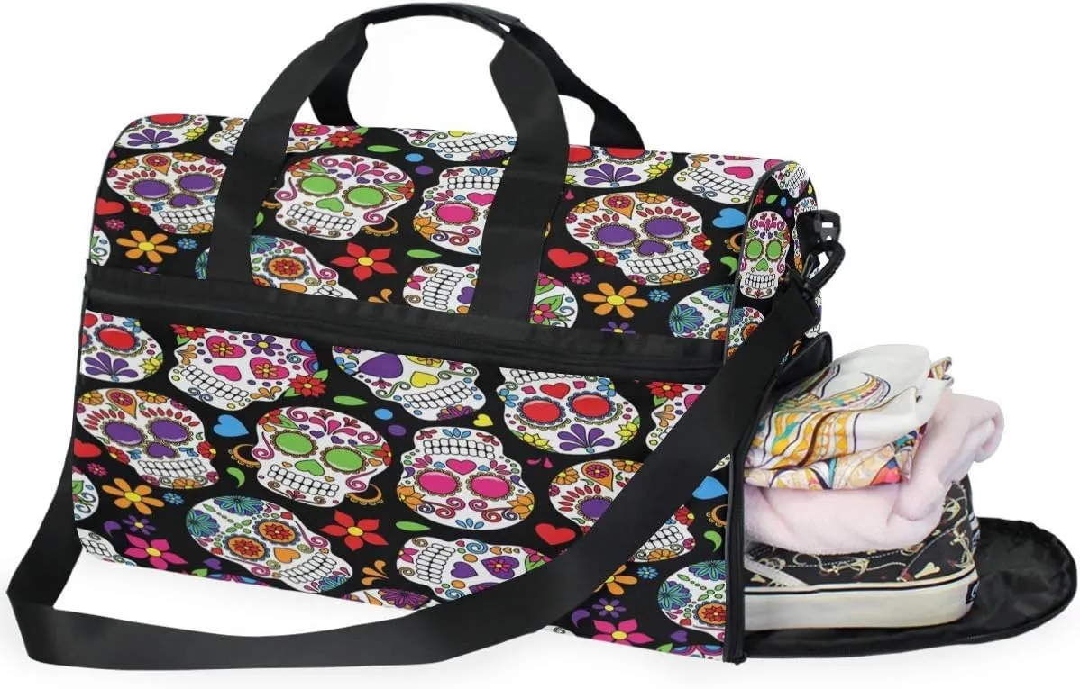 Day Of The Dead Sugar Skull Travel Duffel Bag Luggage Sports Gym Bag With Shoes Compartment Large Capacity Lightweight Duffle Bag For Men Women