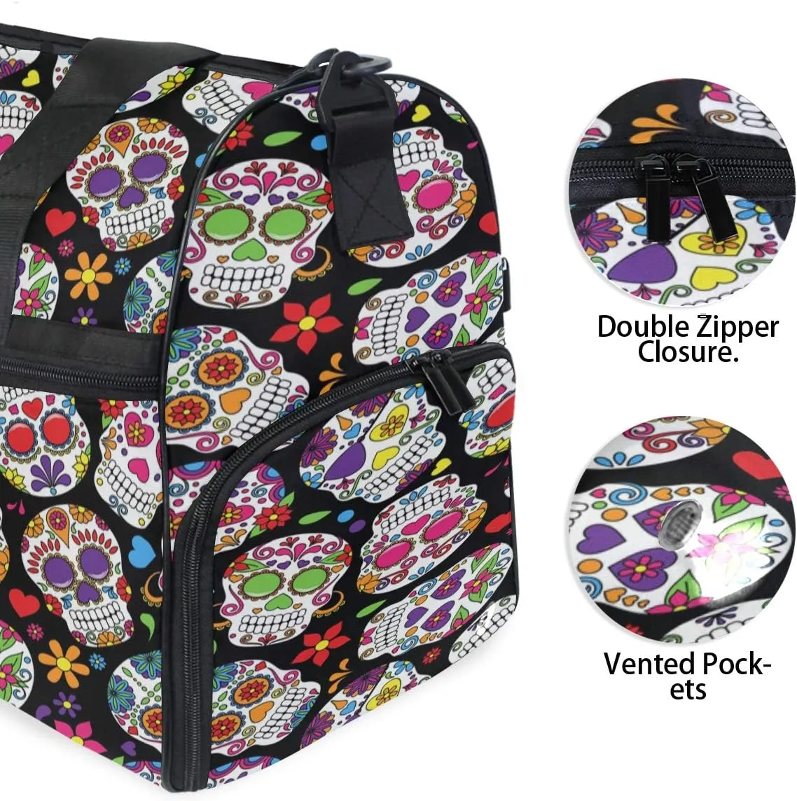 Day Of The Dead Sugar Skull Travel Duffel Bag Luggage Sports Gym Bag With Shoes Compartment Large Capacity Lightweight Duffle Bag For Men Women