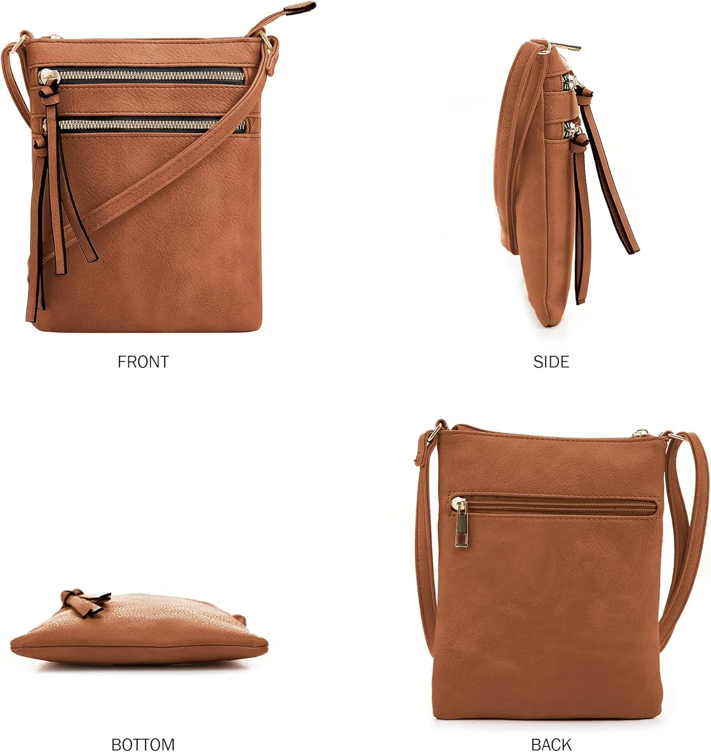 DELUXITY | Crossbody Purse Bag | Functional Multi Pocket Double Zipper Purse | Adjustable Strap | Medium Size Purse |Cognac