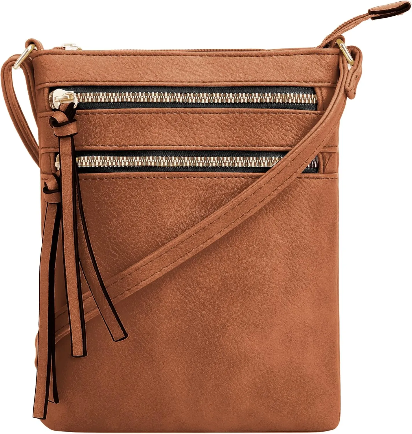 DELUXITY | Crossbody Purse Bag | Functional Multi Pocket Double Zipper Purse | Adjustable Strap | Medium Size Purse |Cognac