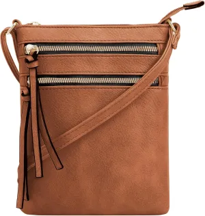 DELUXITY | Crossbody Purse Bag | Functional Multi Pocket Double Zipper Purse | Adjustable Strap | Medium Size Purse |Cognac