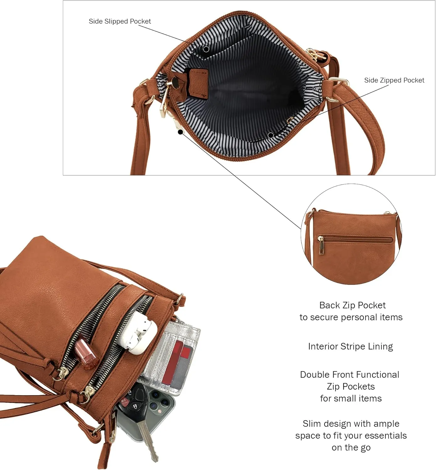 DELUXITY | Crossbody Purse Bag | Functional Multi Pocket Double Zipper Purse | Adjustable Strap | Medium Size Purse |Cognac